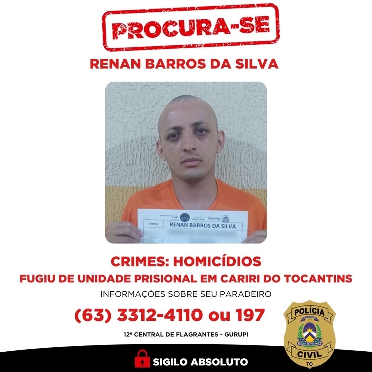 Serial killer foge de presídio no Tocantins há mais de 60 horas